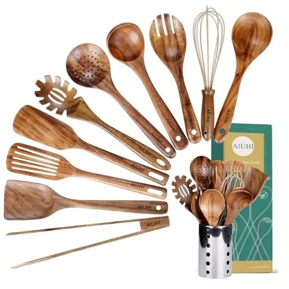 Kitchen Utenails Set with Holder,Kitchen Wooden Utensils for Cooking 11 Piece